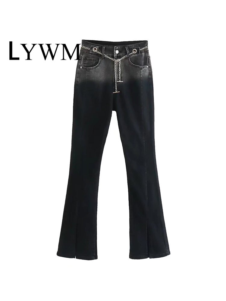LYWM Women Fashion Tie Dye Jeans With Chain Vintage High Waist Full Length Female Chic Lady Flare Pants